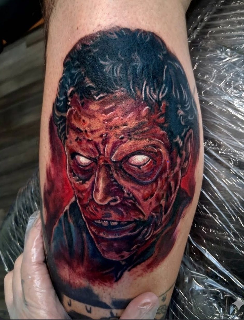 Colour realism Army of Darkness deadite portrait, calf tattoo by Seamus in Parksville BC