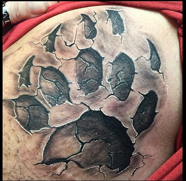 Black and grey bear claw tattoo with cracked stone texture, Parksville BC