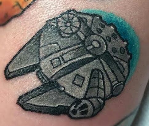 Black and grey Millennium Falcon tattoo