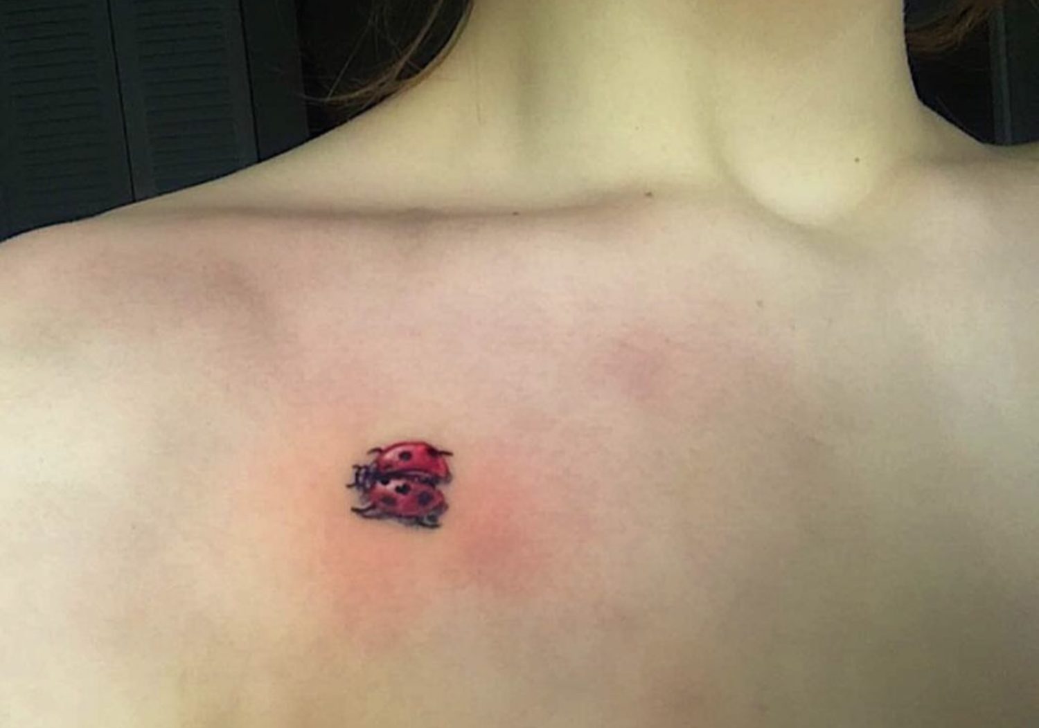 Small colour ladybug tattoo on a collarbone, tattooed on Vancouver Island