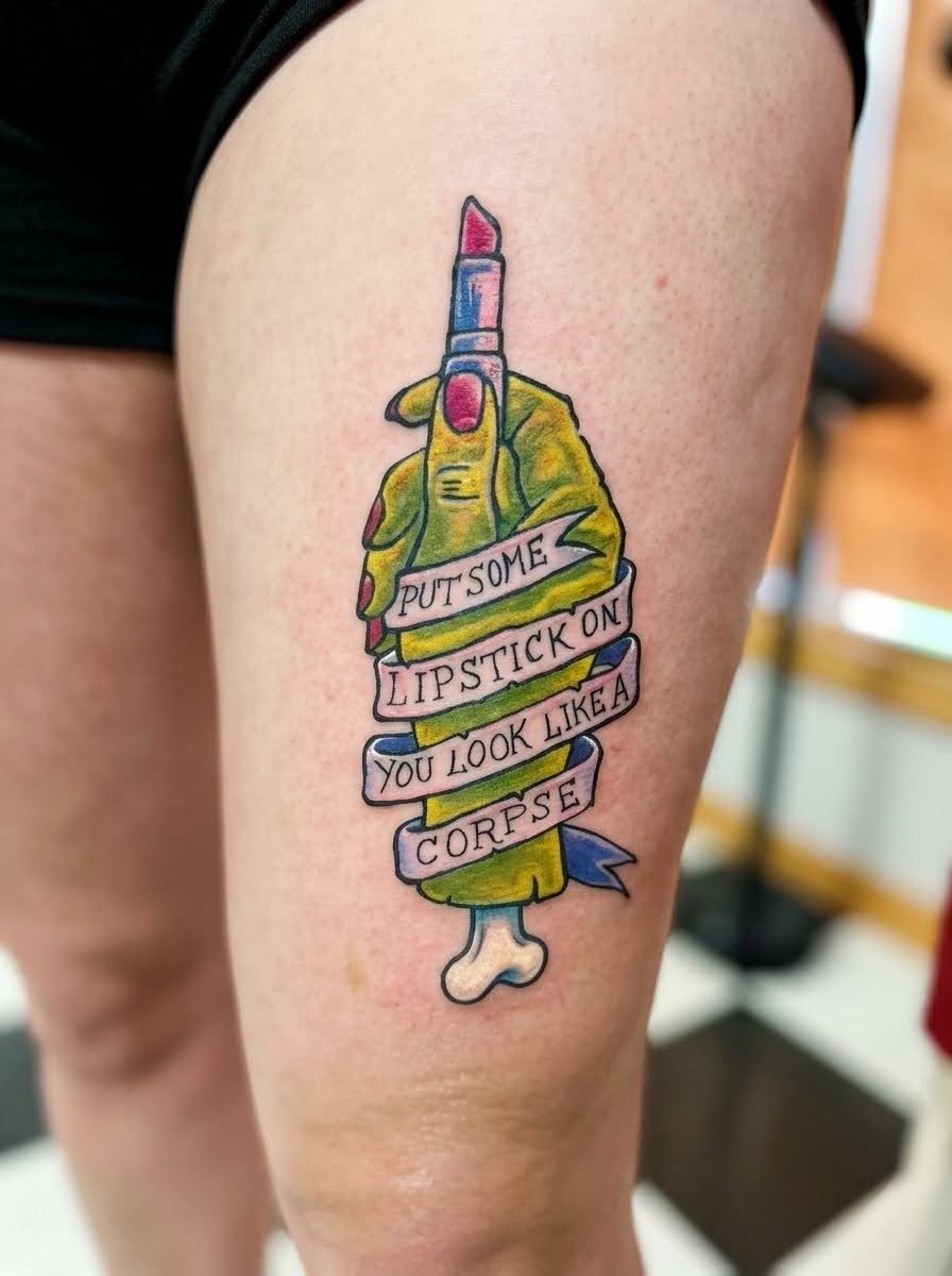 Colour traditional zombie hand holding a lipstick with a "Put some lipstick on, you look like a corpse" banner, thigh tattoo, Parksville BC