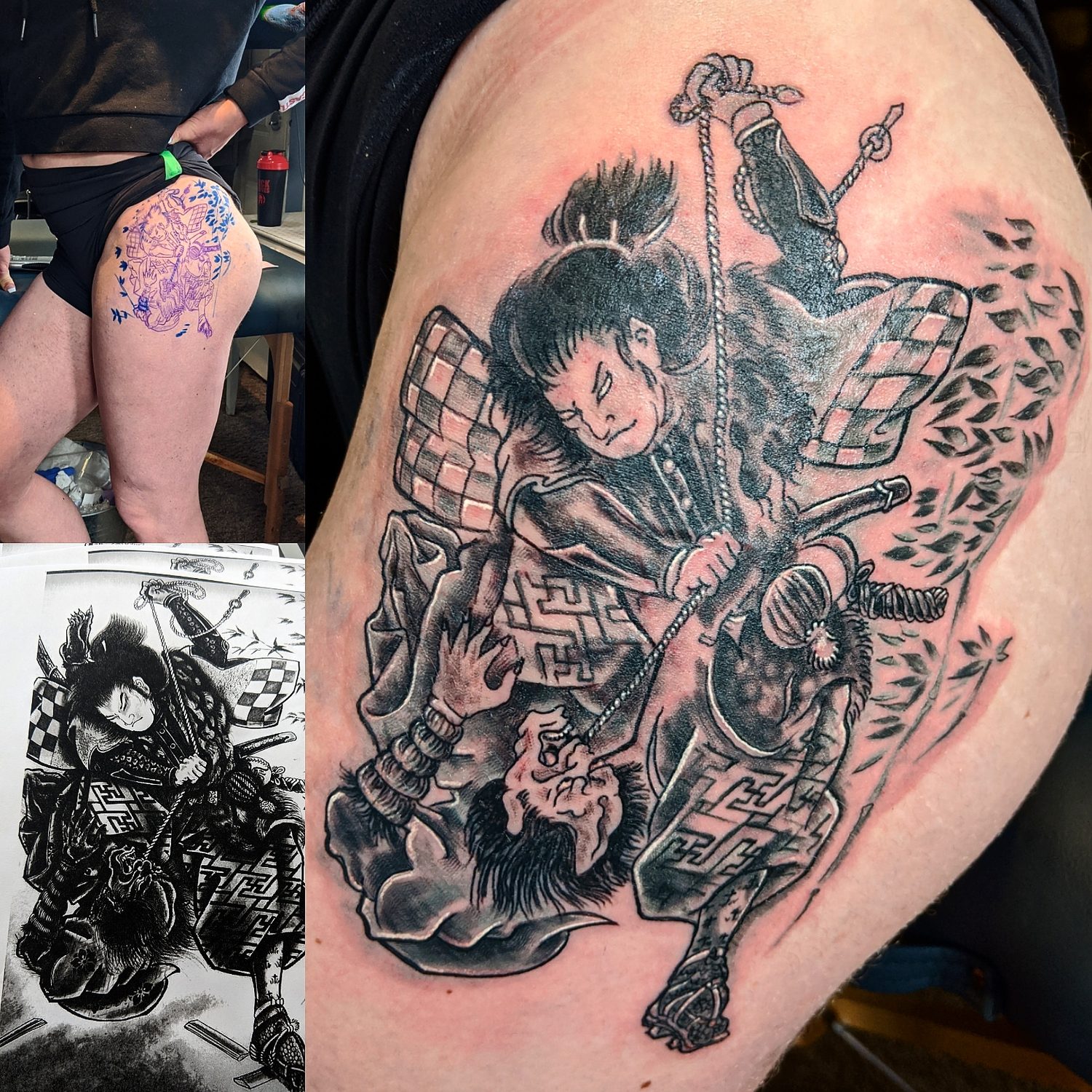 Black and grey Japanese samurai thigh piece, shown with the stencil and the original reference drawing, Parksville BC