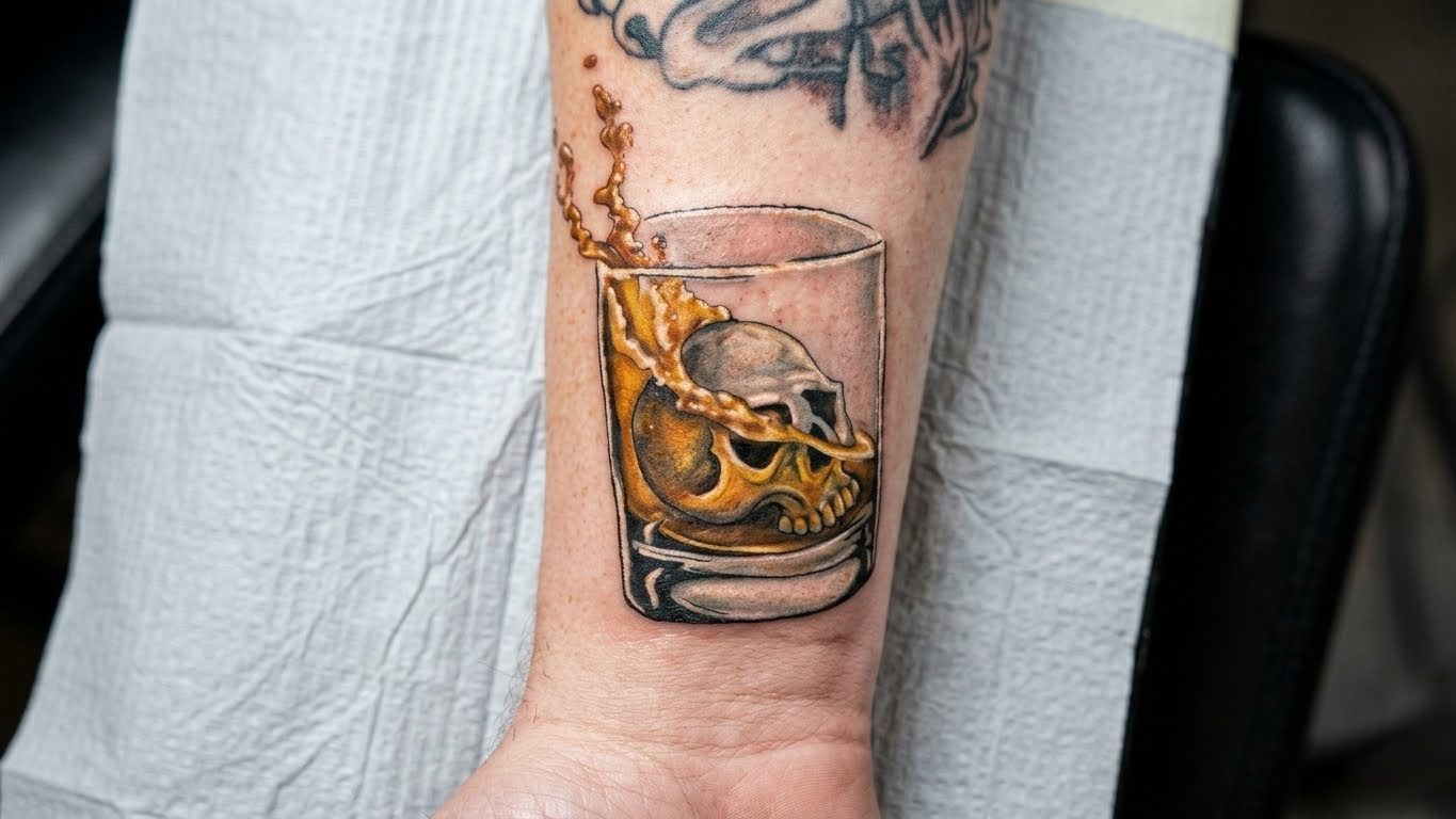 Colour realism skull sunk in a splashing whiskey glass, forearm tattoo, Parksville BC