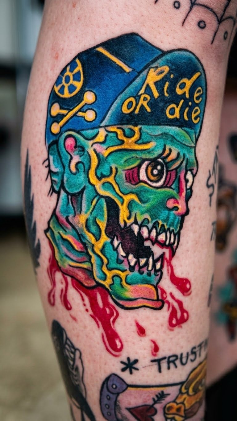 Colour new school zombie head in a Ride or Die cap, forearm tattoo by Seamus in Parksville BC