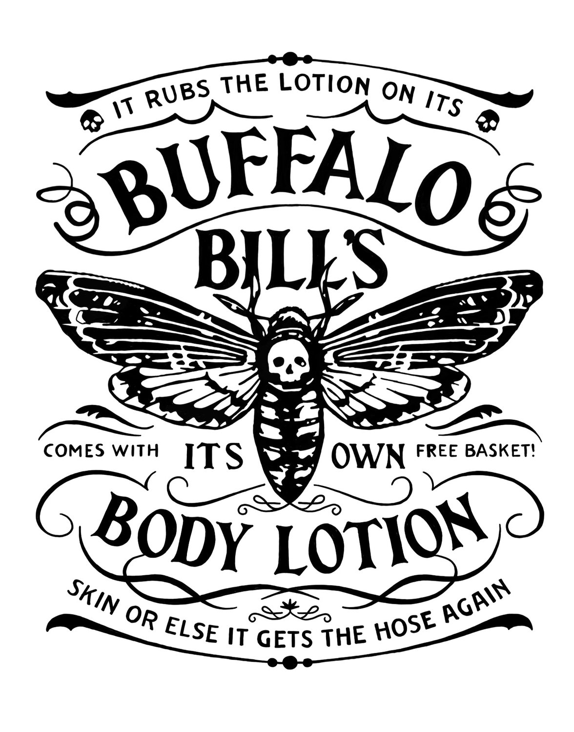 Buffalo Bill's Body Lotion parody art print — death's-head moth apothecary label