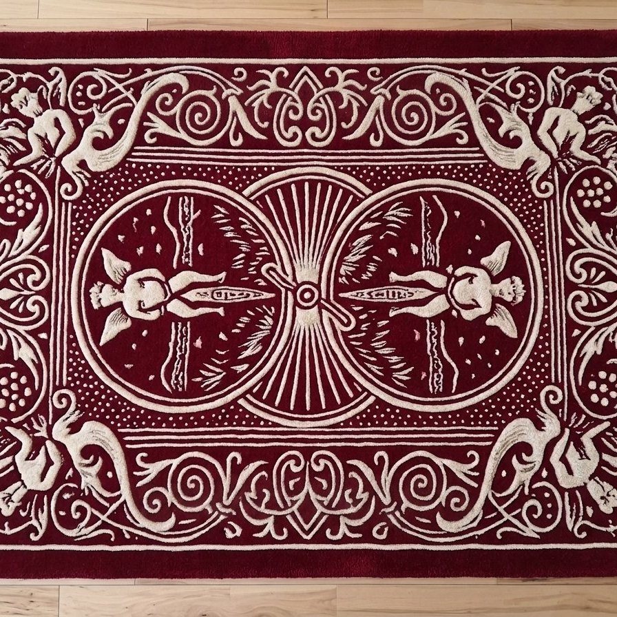 Carved playing-card-back rug in red and cream
